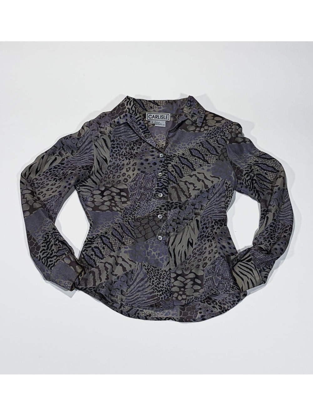90s Animal Print Silk Blouse Blue Grey Shoulder Pads